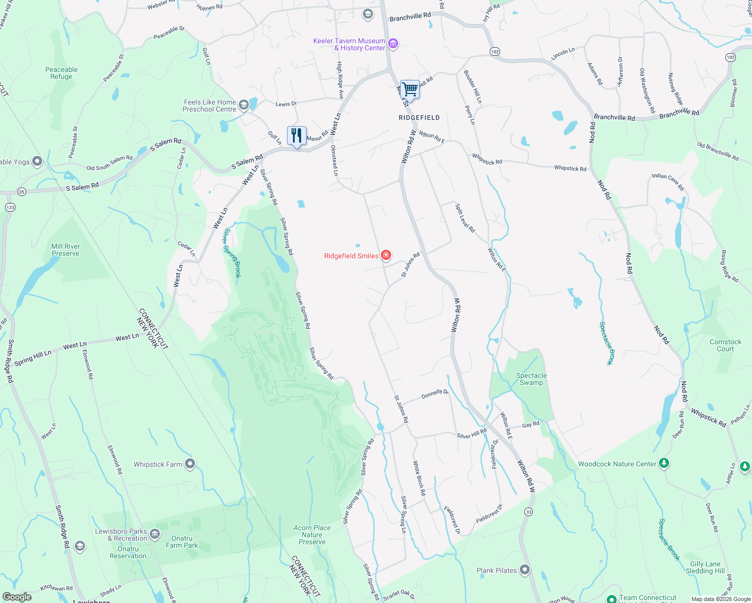 map of restaurants, bars, coffee shops, grocery stores, and more near 72 Saint Johns Road in Ridgefield