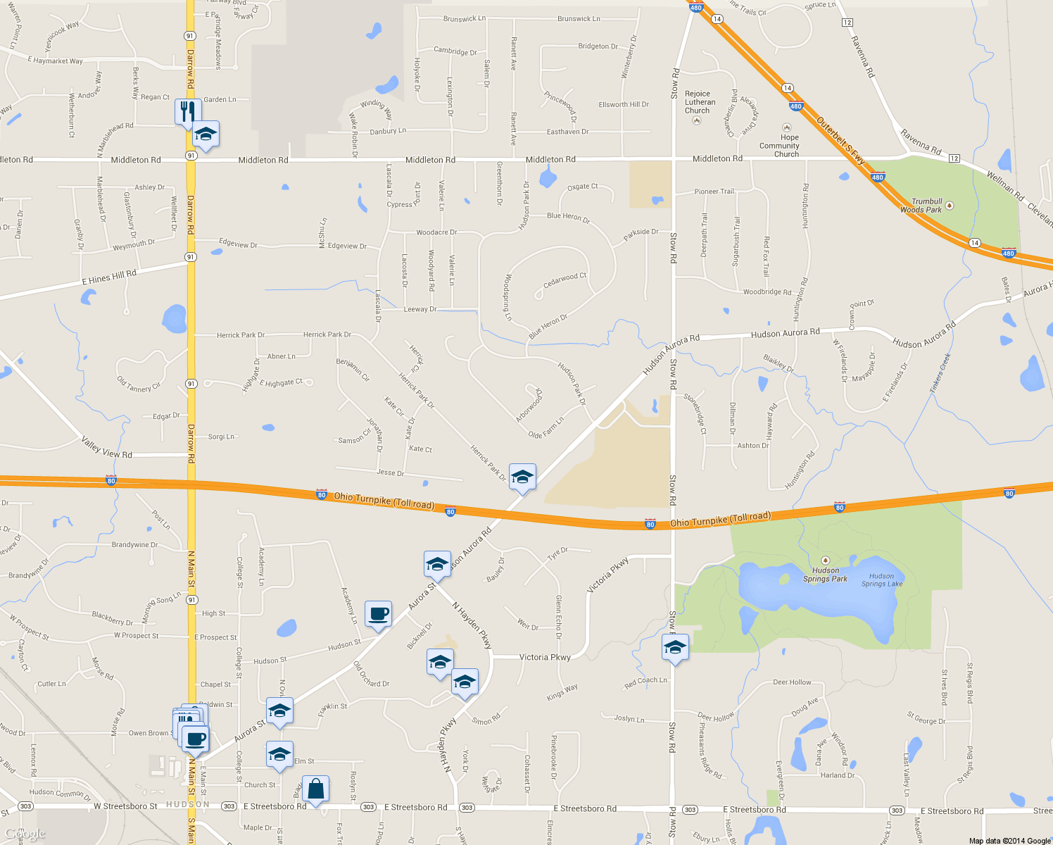 map of restaurants, bars, coffee shops, grocery stores, and more near 2355 Olde Farm Lane in Hudson