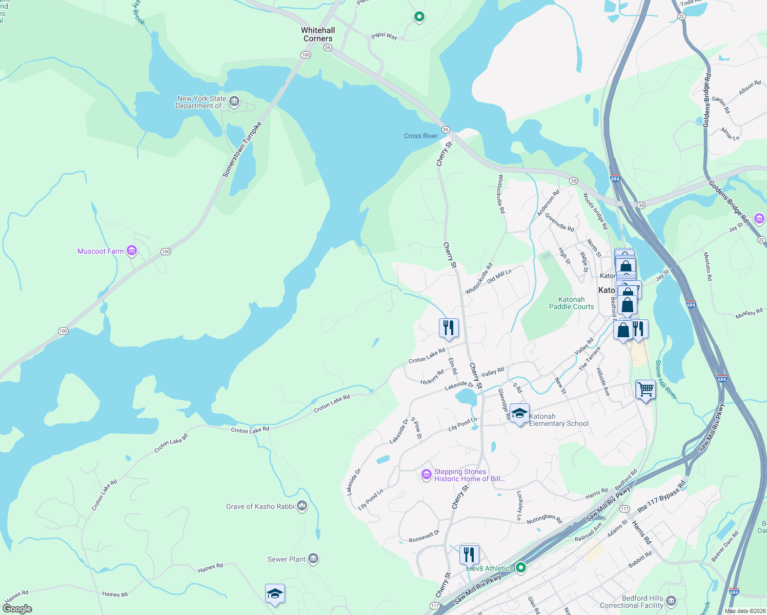 map of restaurants, bars, coffee shops, grocery stores, and more near 14 Ridge Road in Katonah