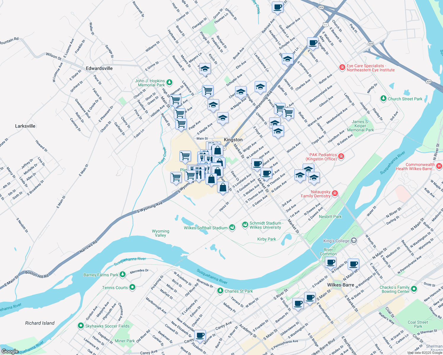 map of restaurants, bars, coffee shops, grocery stores, and more near 98 South Landon Avenue in Kingston