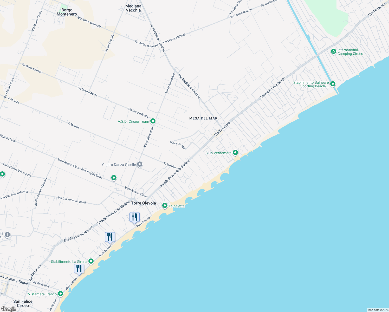 map of restaurants, bars, coffee shops, grocery stores, and more near Golfo Sereno in San Felice Circeo