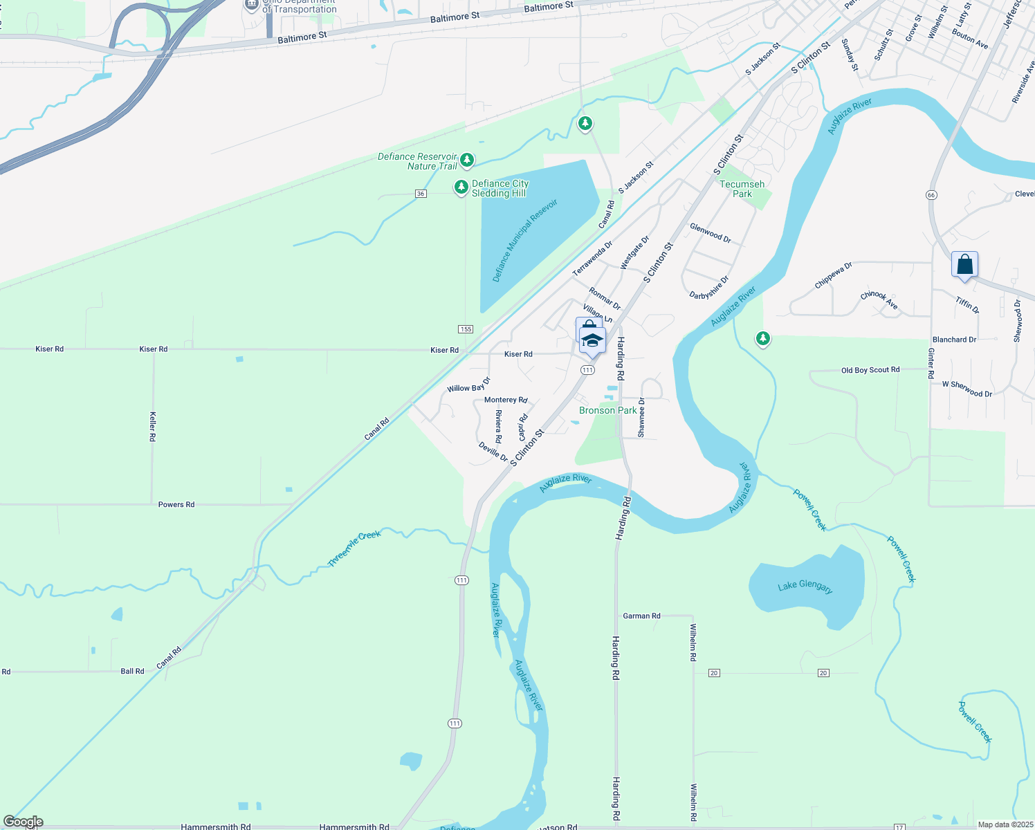 map of restaurants, bars, coffee shops, grocery stores, and more near 31 Capri Road in Defiance