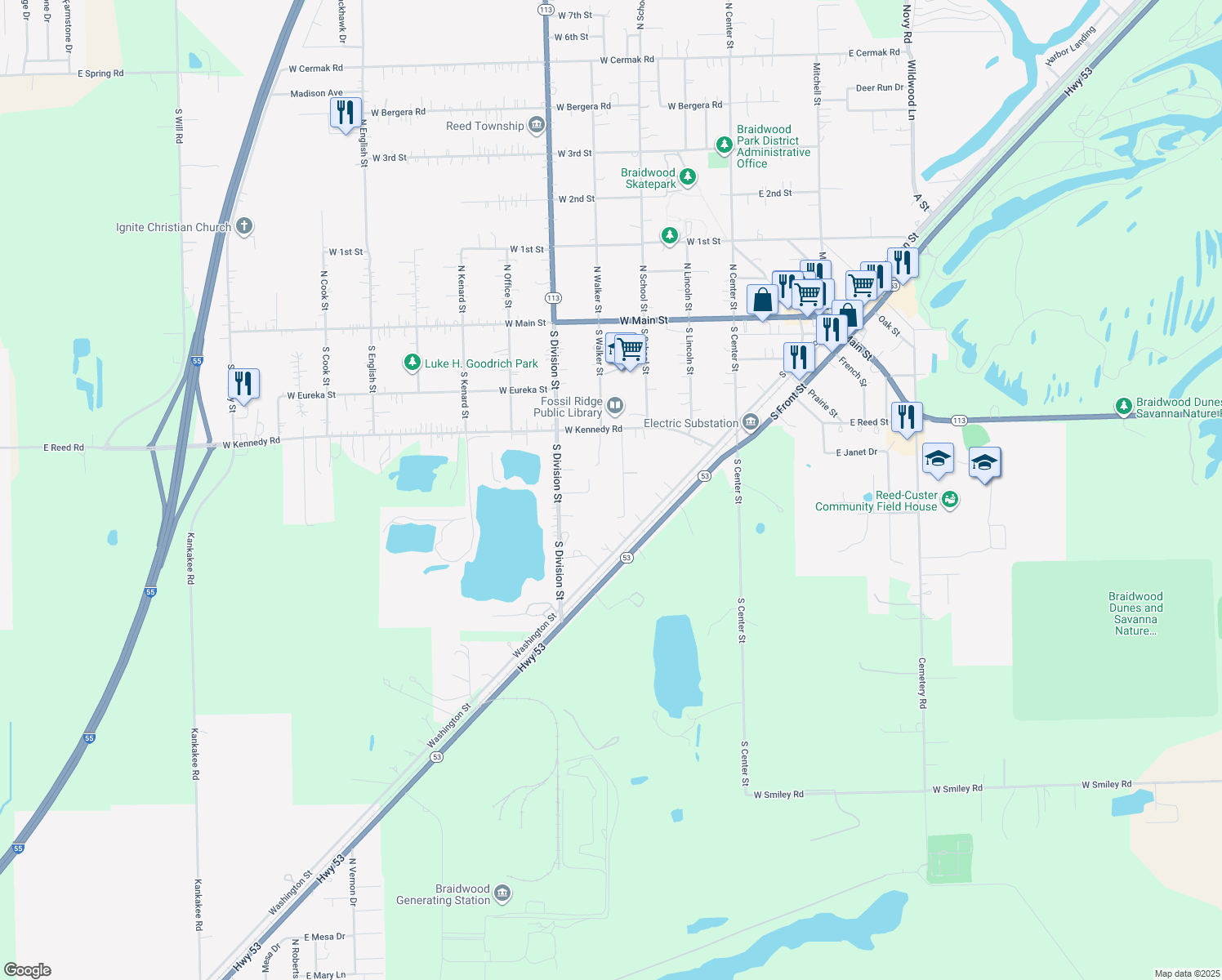 map of restaurants, bars, coffee shops, grocery stores, and more near 366 South Francis Street in Braidwood
