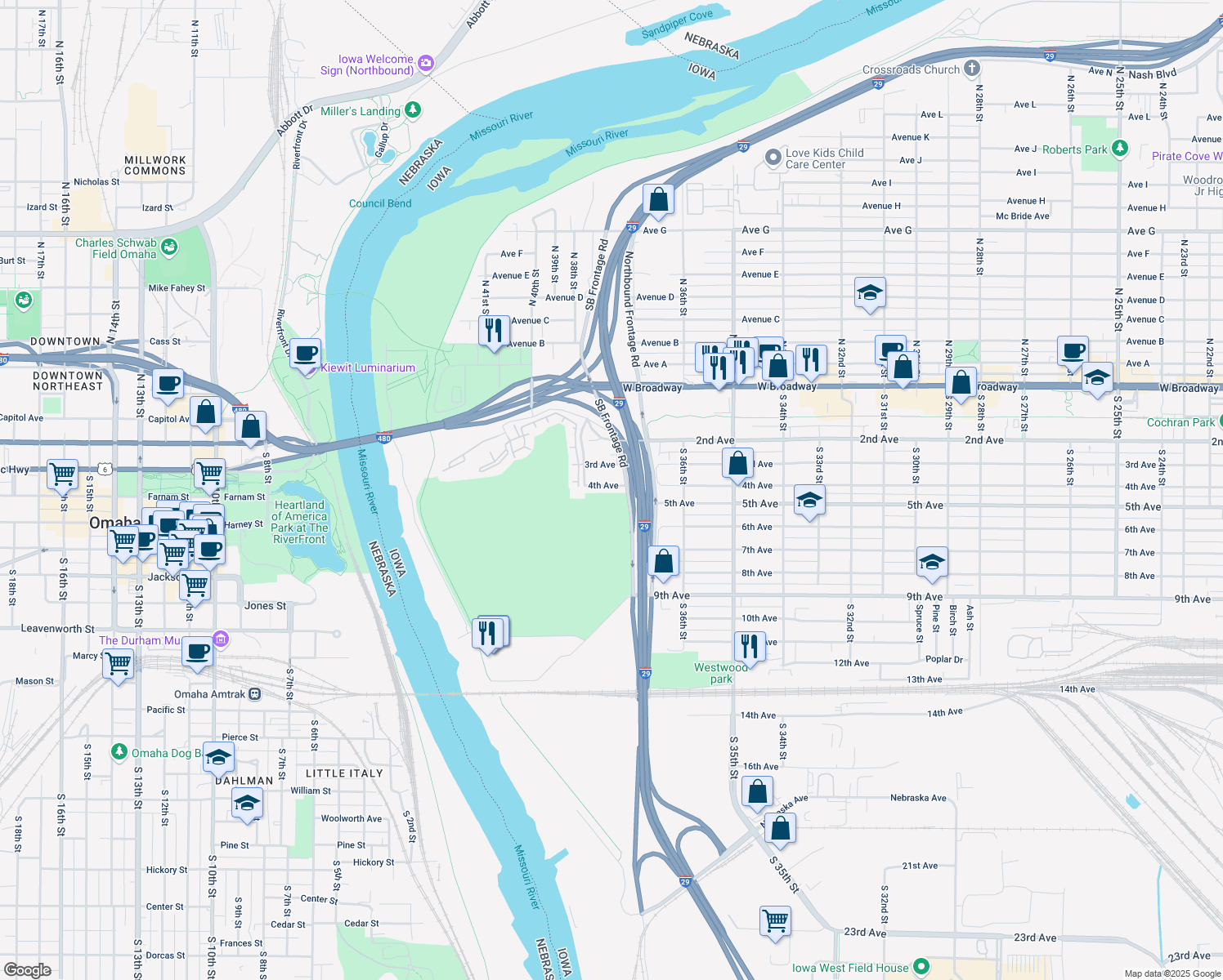 map of restaurants, bars, coffee shops, grocery stores, and more near 3725 4th Avenue in Council Bluffs
