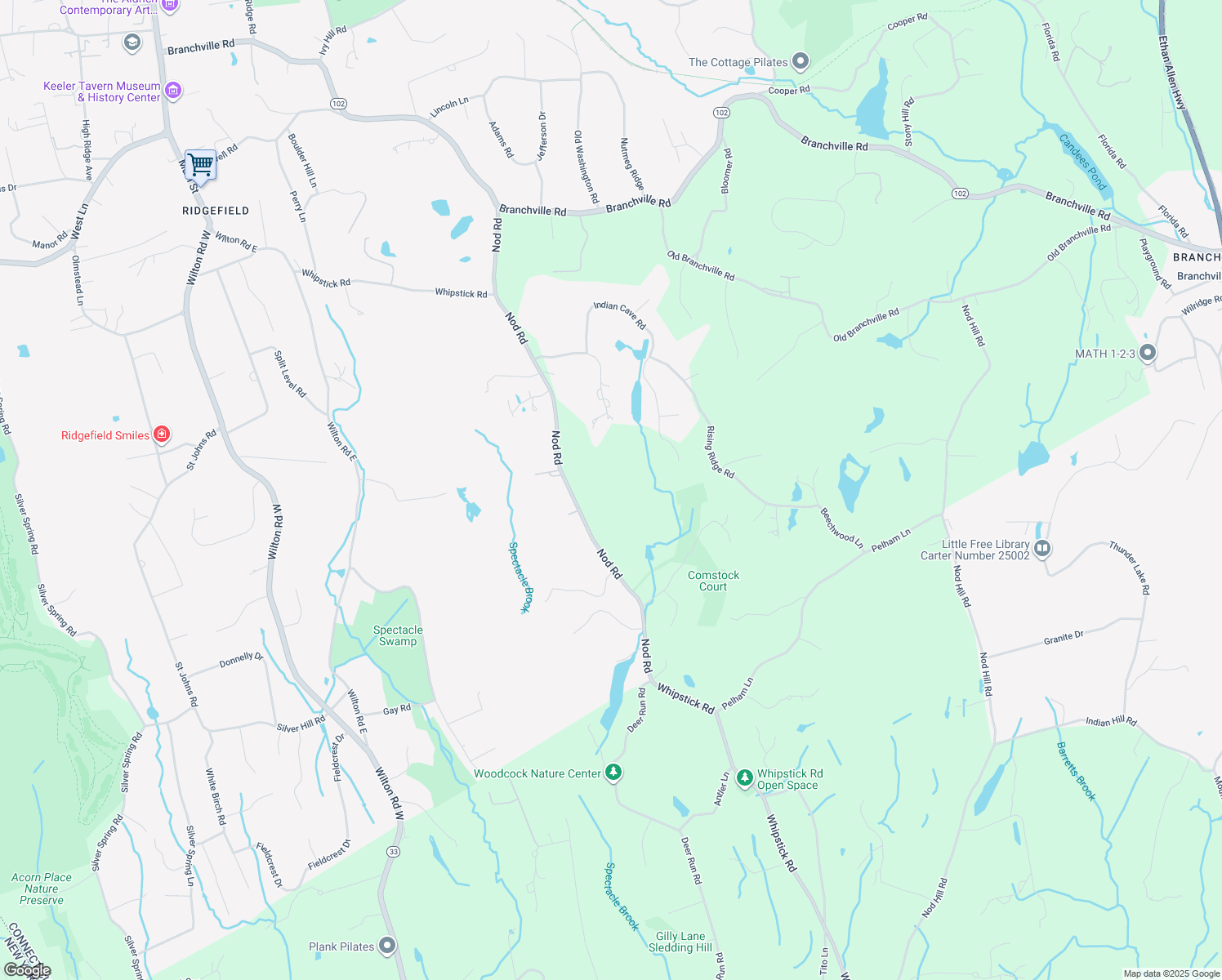 map of restaurants, bars, coffee shops, grocery stores, and more near 116 Nod Road in Ridgefield