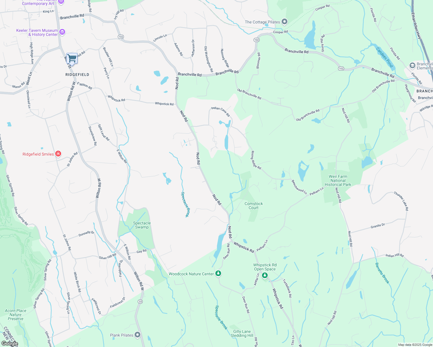 map of restaurants, bars, coffee shops, grocery stores, and more near 116 Nod Road in Ridgefield