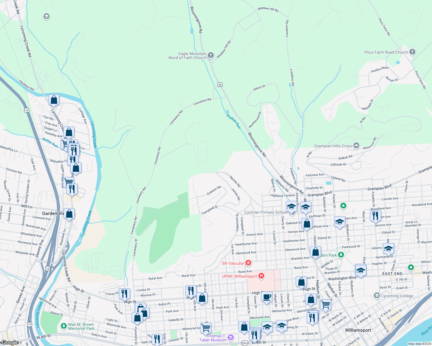 map of restaurants, bars, coffee shops, grocery stores, and more near 1799 James Road in Williamsport