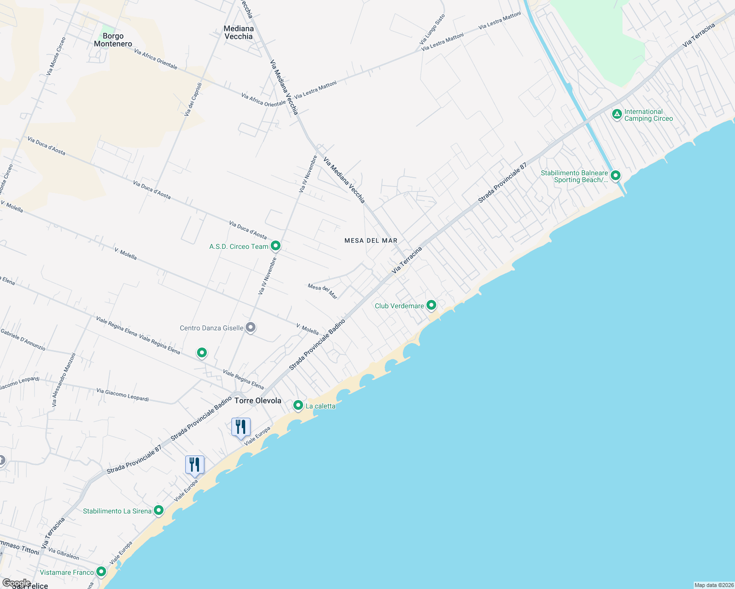map of restaurants, bars, coffee shops, grocery stores, and more near Mesa del Mar in San Felice Circeo