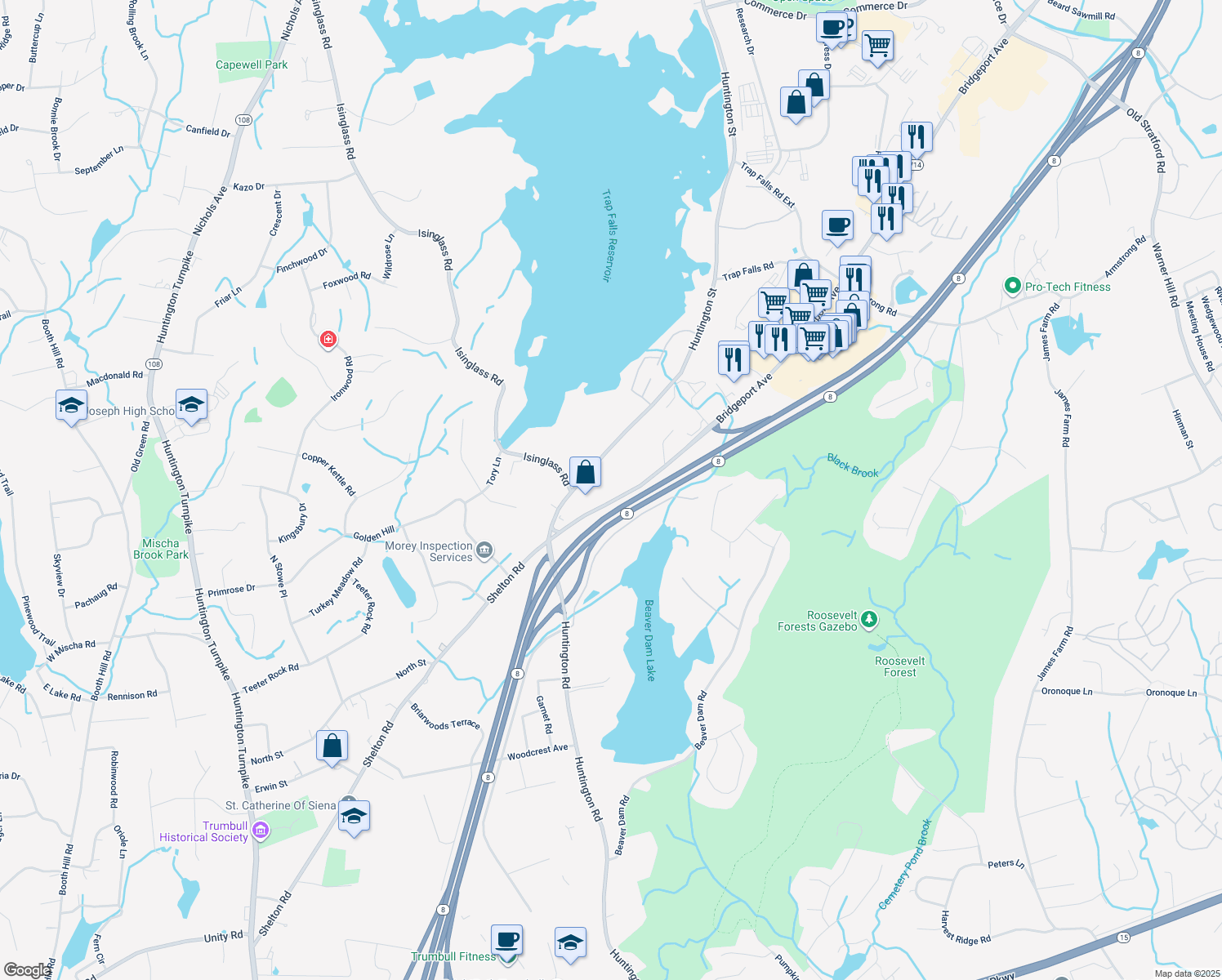 map of restaurants, bars, coffee shops, grocery stores, and more near 1001 Bridgeport Avenue in Shelton