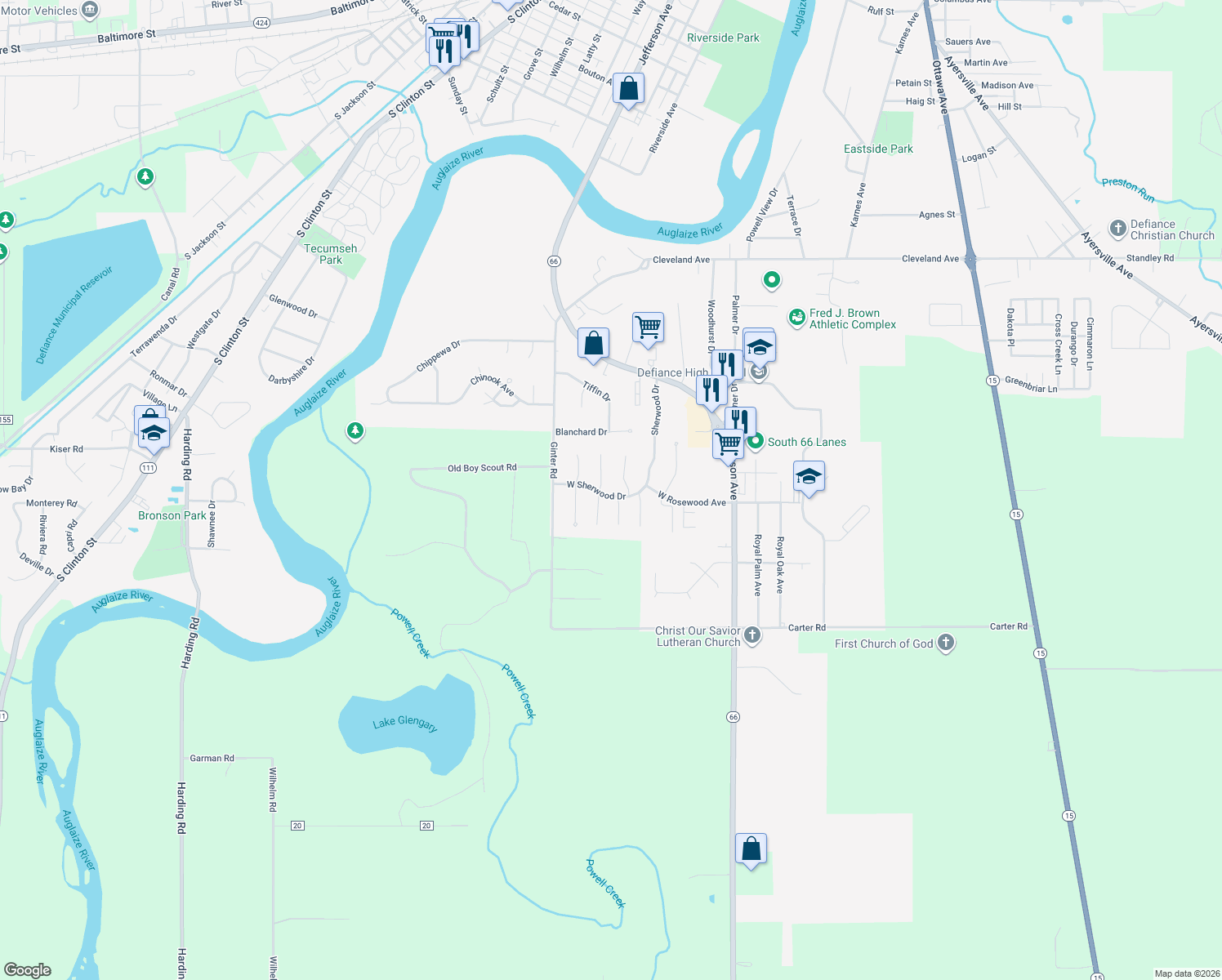 map of restaurants, bars, coffee shops, grocery stores, and more near 326 W Sherwood Dr in Defiance
