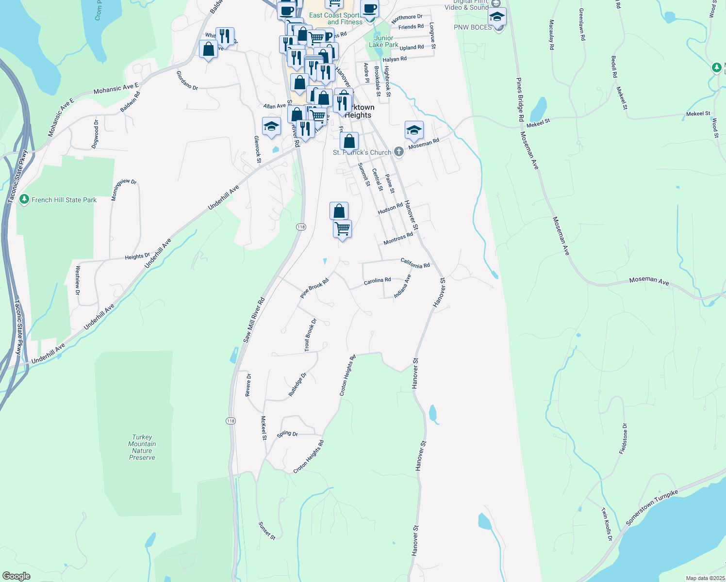 map of restaurants, bars, coffee shops, grocery stores, and more near 267 Carolina Road in Yorktown Heights