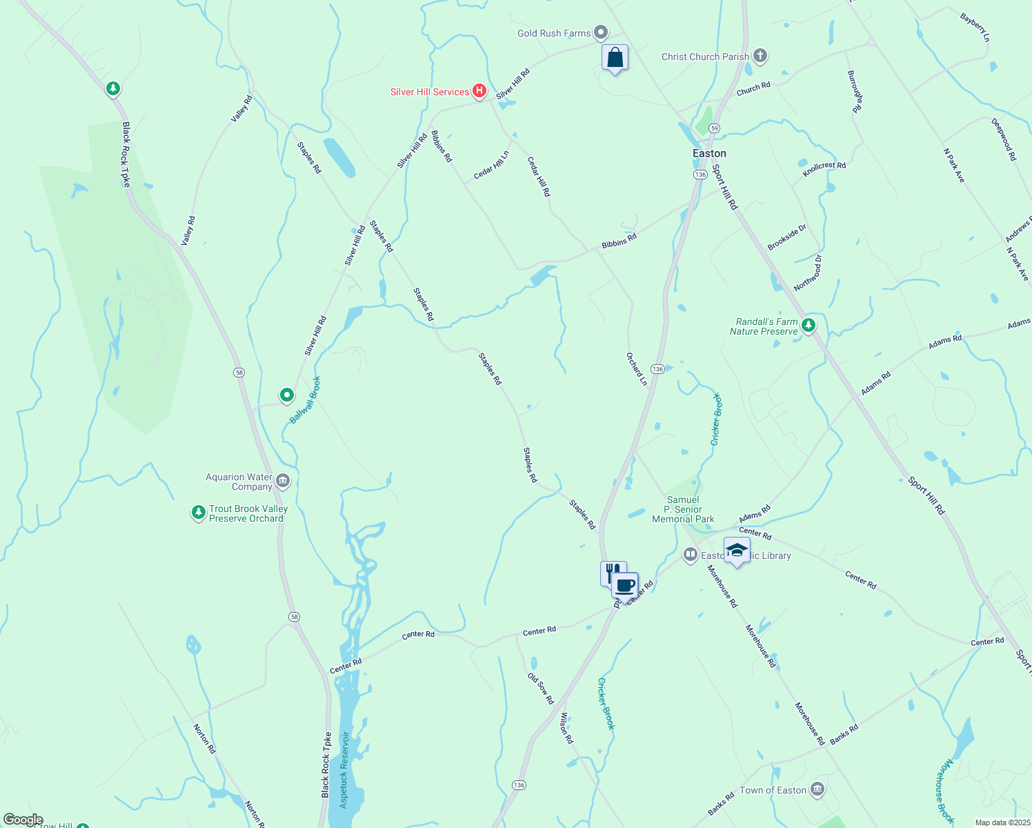 map of restaurants, bars, coffee shops, grocery stores, and more near 120 Staples Road in Easton