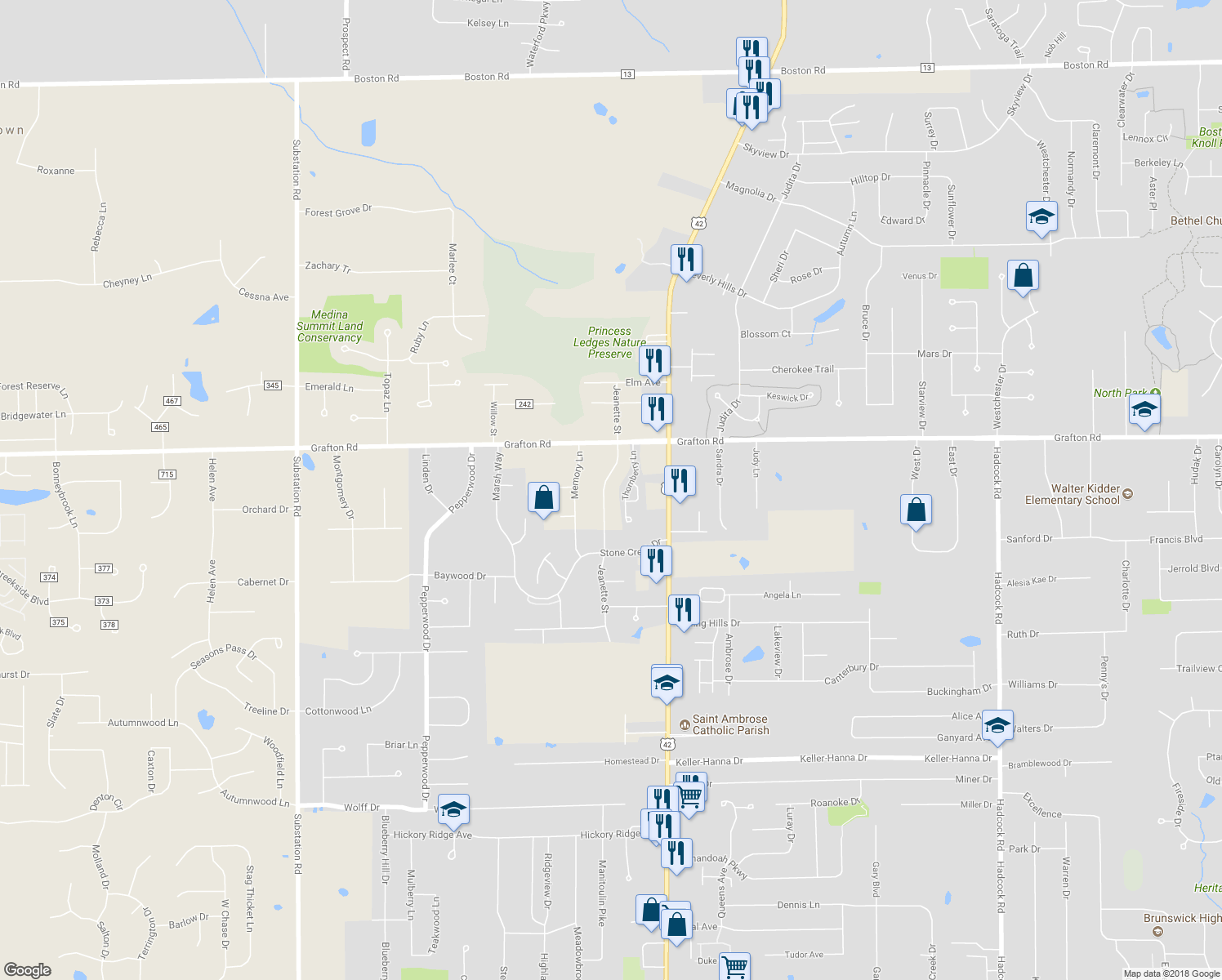 map of restaurants, bars, coffee shops, grocery stores, and more near 597 Jeanette Street in Brunswick