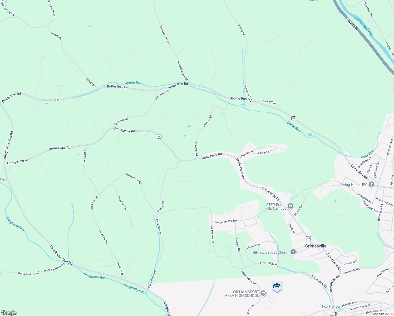 map of restaurants, bars, coffee shops, grocery stores, and more near 1 Sholder Road in Williamsport