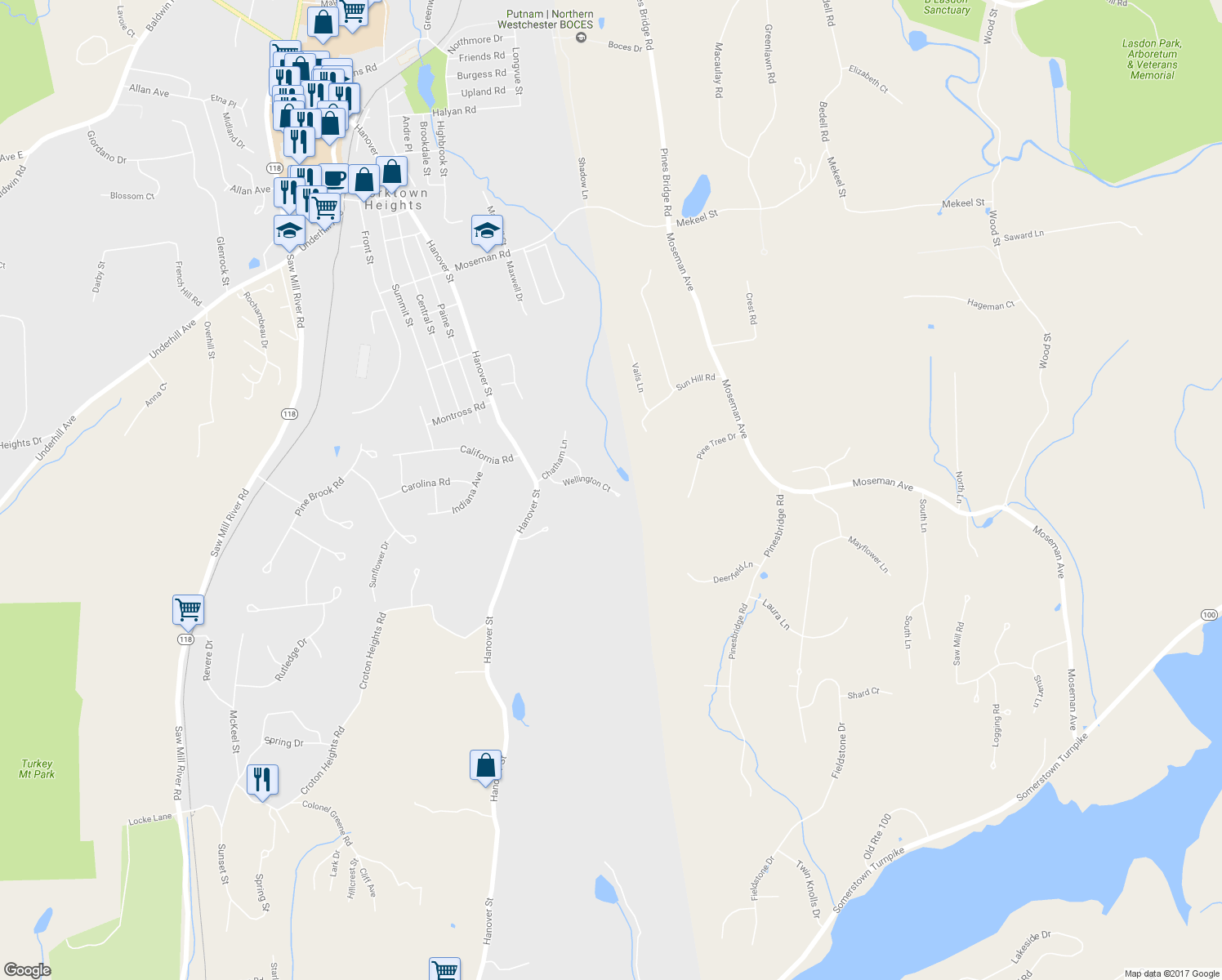 map of restaurants, bars, coffee shops, grocery stores, and more near 11 Wellington Ct in Yorktown Heights