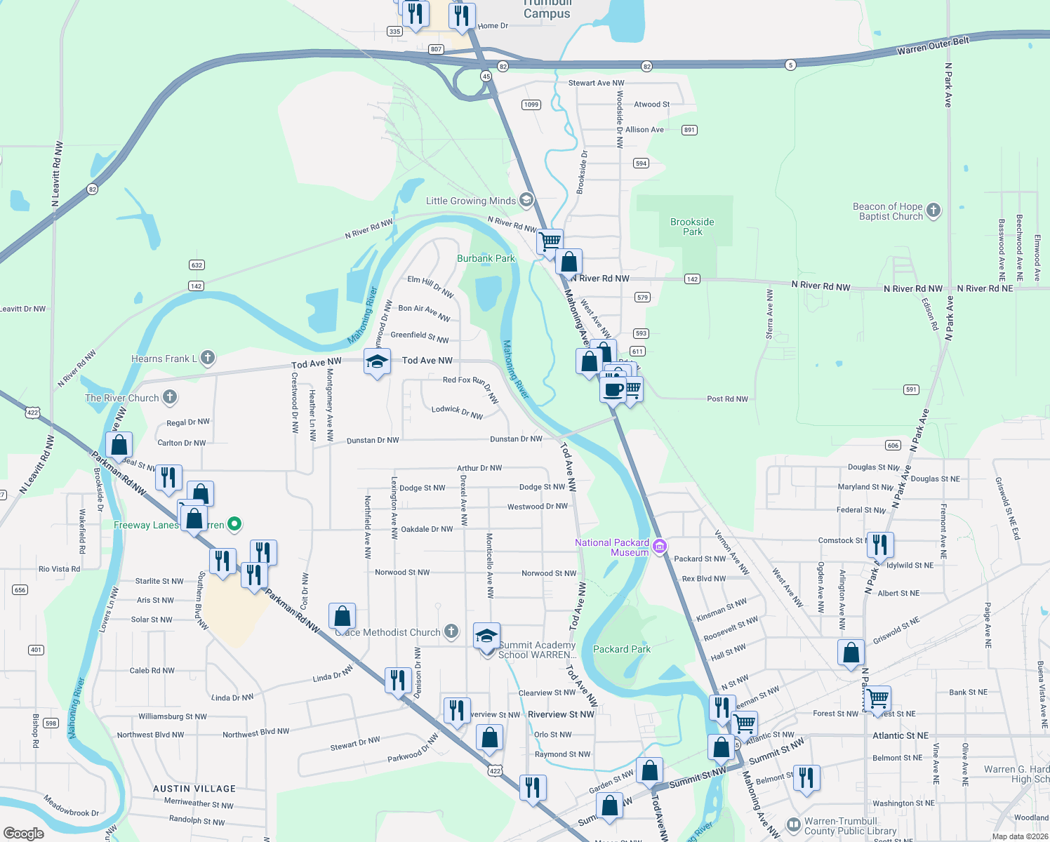 map of restaurants, bars, coffee shops, grocery stores, and more near 2821 Tod Avenue Northwest in Warren