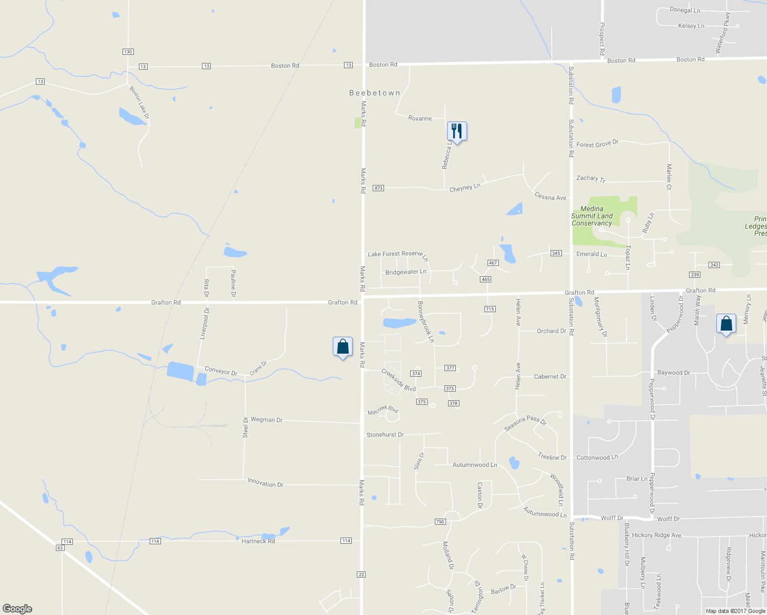 map of restaurants, bars, coffee shops, grocery stores, and more near 5266 Grafton Road in Brunswick
