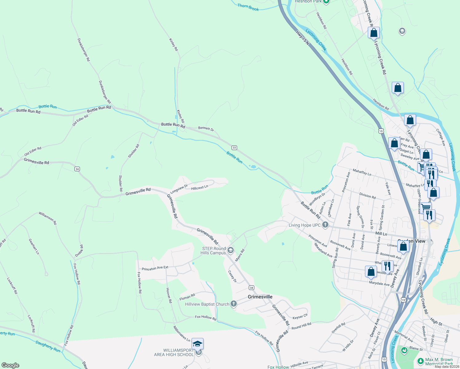 map of restaurants, bars, coffee shops, grocery stores, and more near 77 Longview Drive in Williamsport
