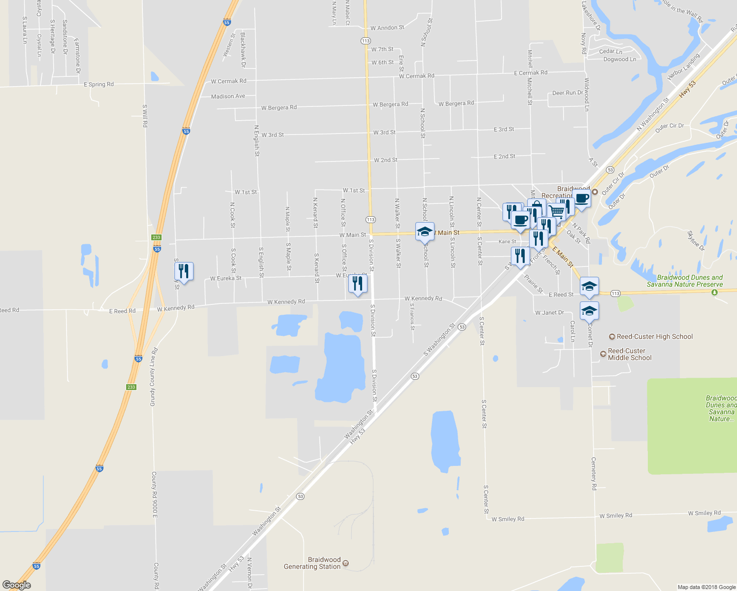 map of restaurants, bars, coffee shops, grocery stores, and more near 294 South Division Street in Braidwood