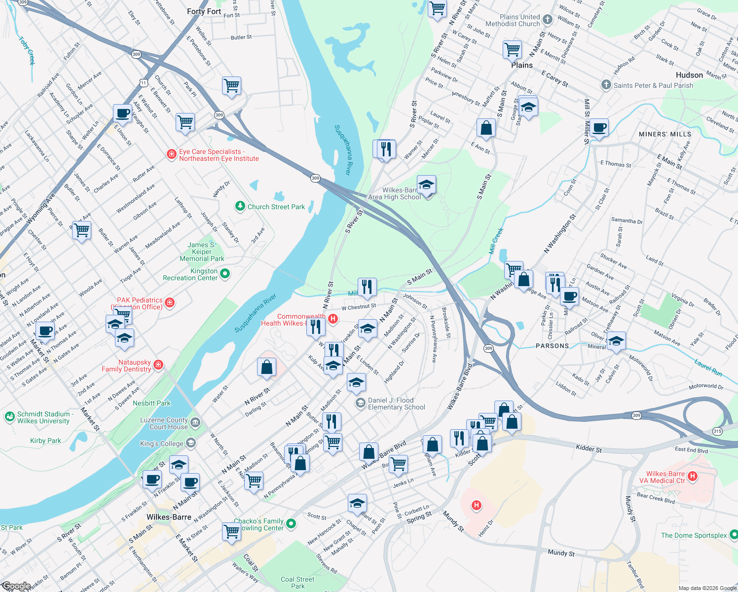 map of restaurants, bars, coffee shops, grocery stores, and more near 55 W Chestnut St in Wilkes-Barre
