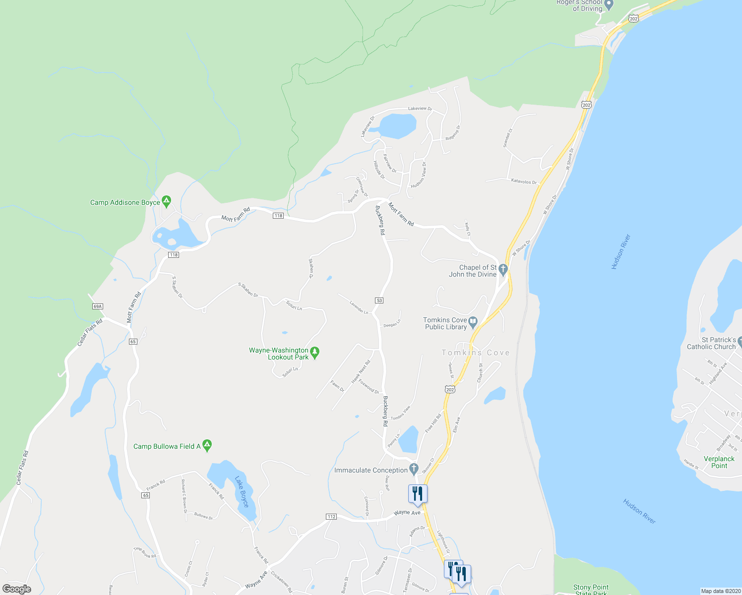 map of restaurants, bars, coffee shops, grocery stores, and more near 79 Buckberg Road in Tomkins Cove
