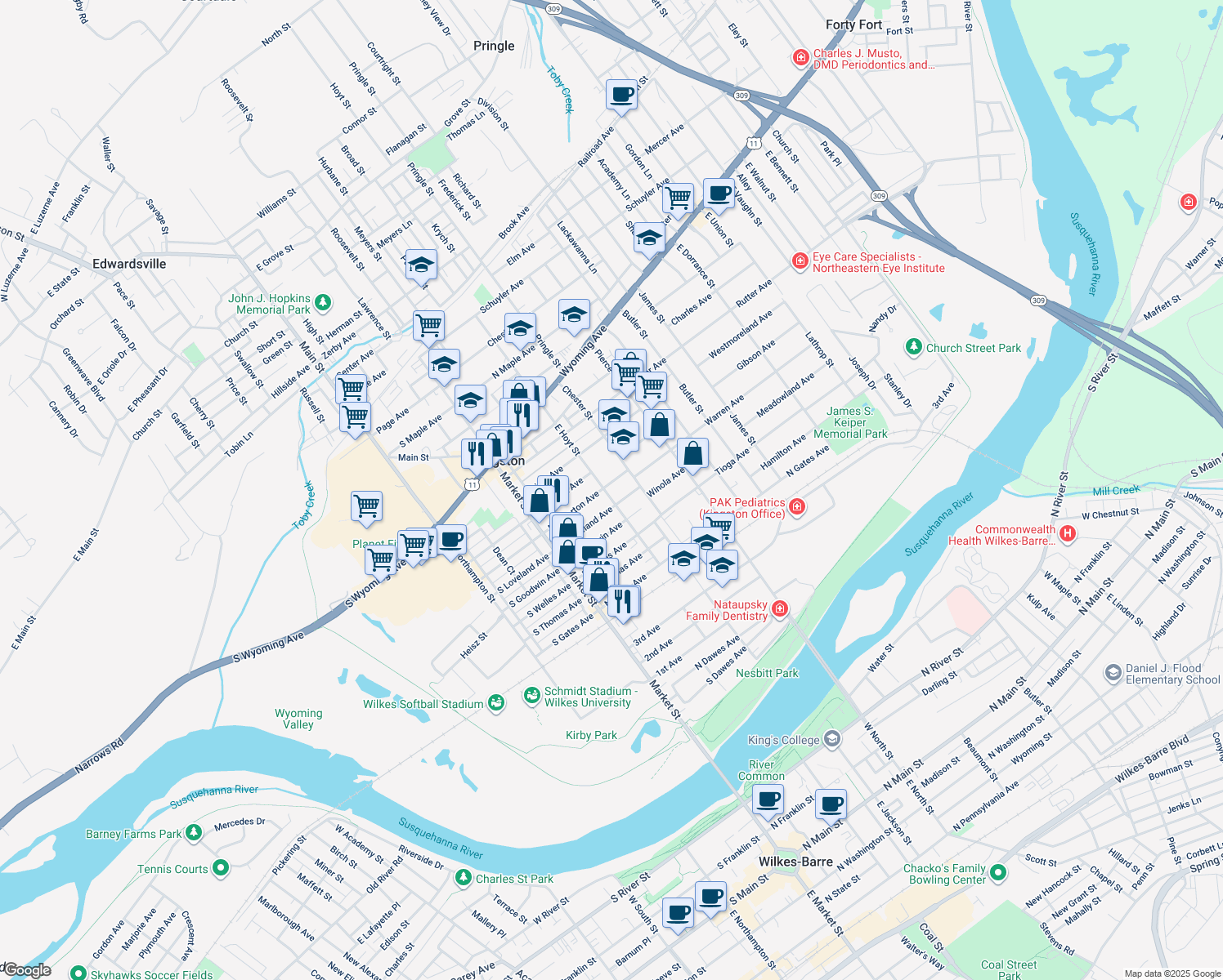 map of restaurants, bars, coffee shops, grocery stores, and more near 129 North Atherton Avenue in Kingston