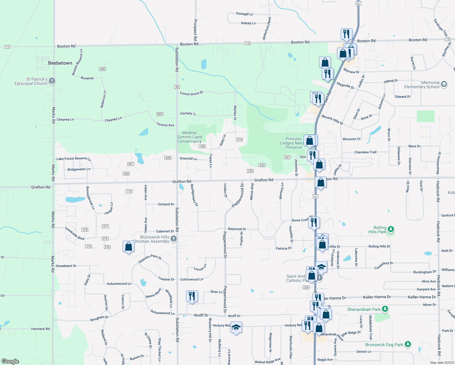 map of restaurants, bars, coffee shops, grocery stores, and more near 535 Linden Drive in Brunswick