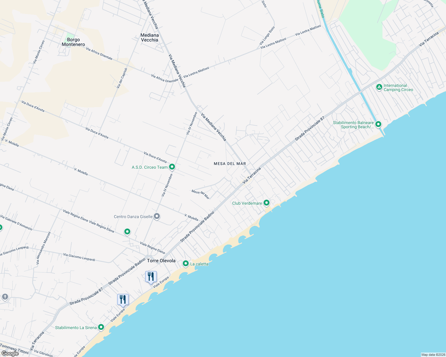 map of restaurants, bars, coffee shops, grocery stores, and more near Mesa del Mar in San Felice Circeo