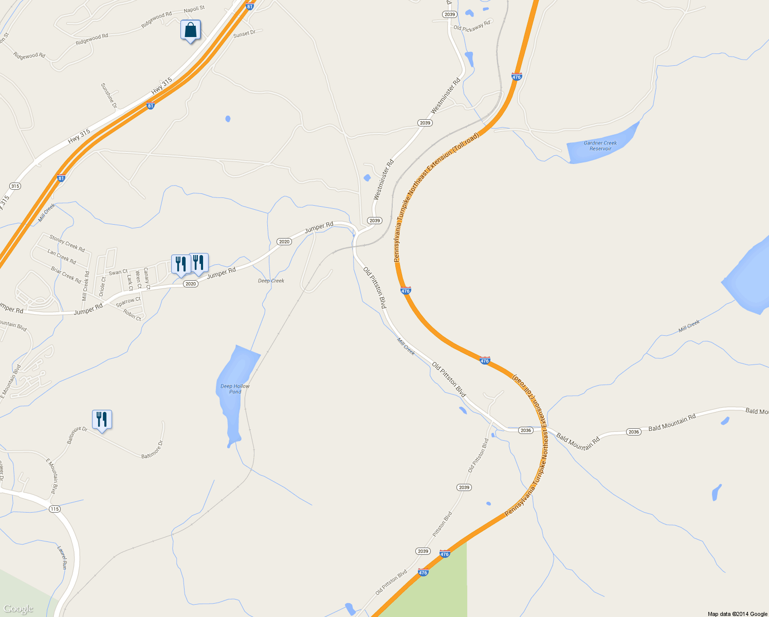 map of restaurants, bars, coffee shops, grocery stores, and more near 2280 Old Pittston Boulevard in Wilkes-Barre