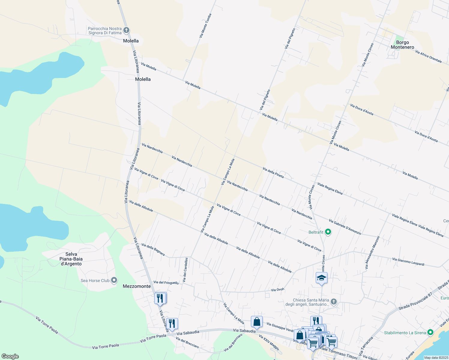 map of restaurants, bars, coffee shops, grocery stores, and more near in Province of Latina
