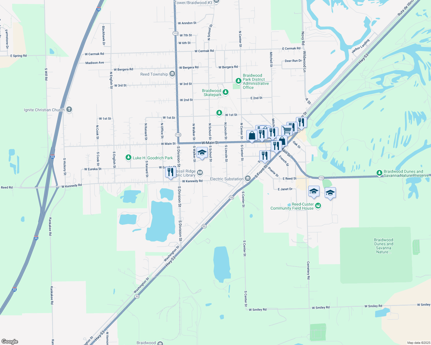 map of restaurants, bars, coffee shops, grocery stores, and more near 279 South School Street in Braidwood
