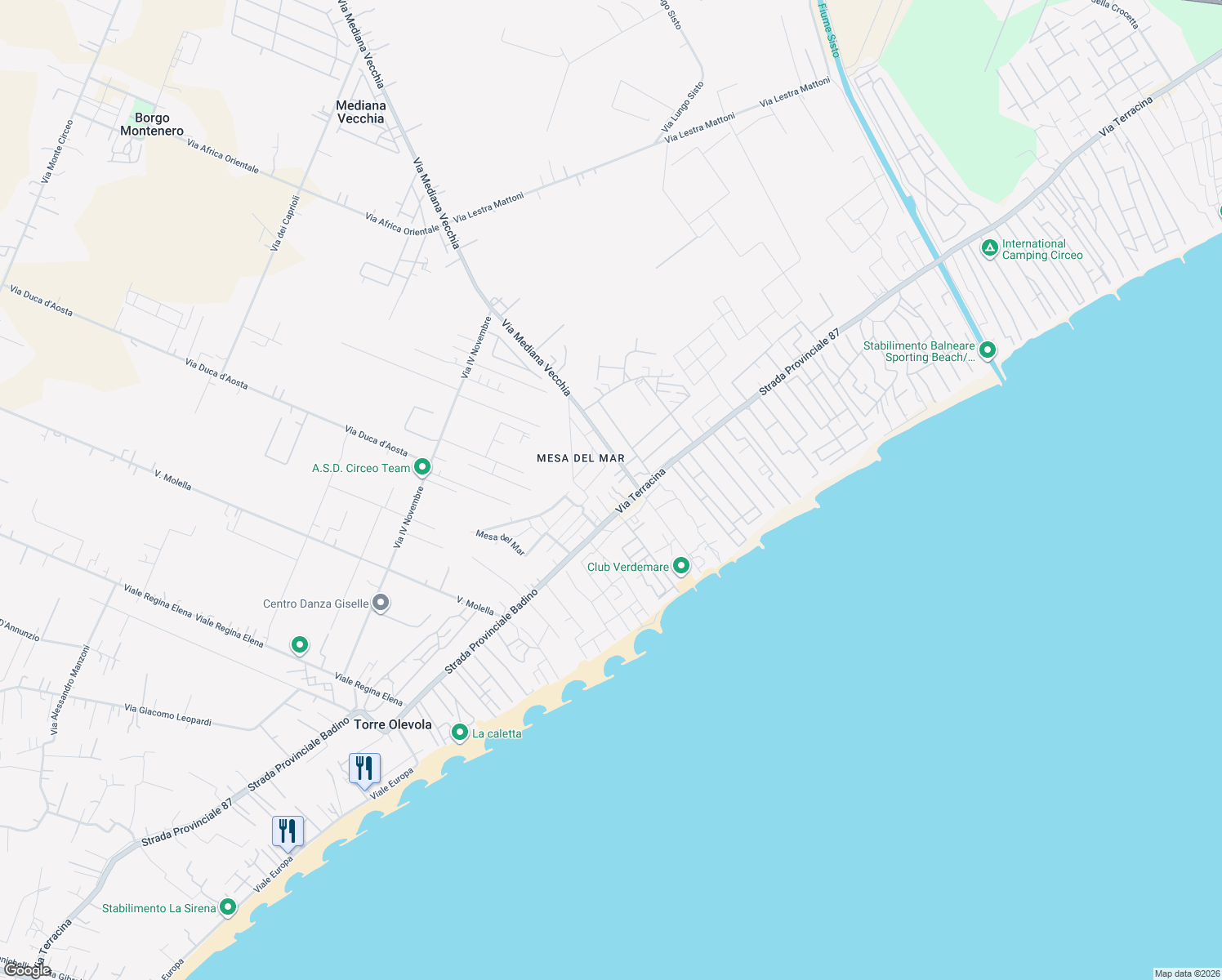 map of restaurants, bars, coffee shops, grocery stores, and more near 162 Strada Provinciale Badino in San Felice Circeo