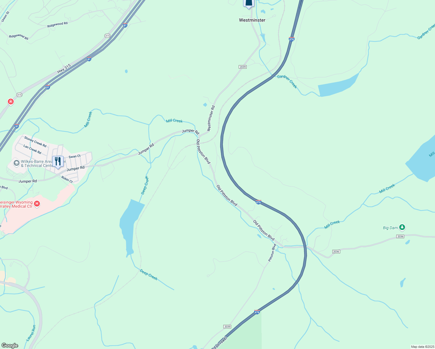 map of restaurants, bars, coffee shops, grocery stores, and more near 2280 Old Pittston Boulevard in Wilkes-Barre