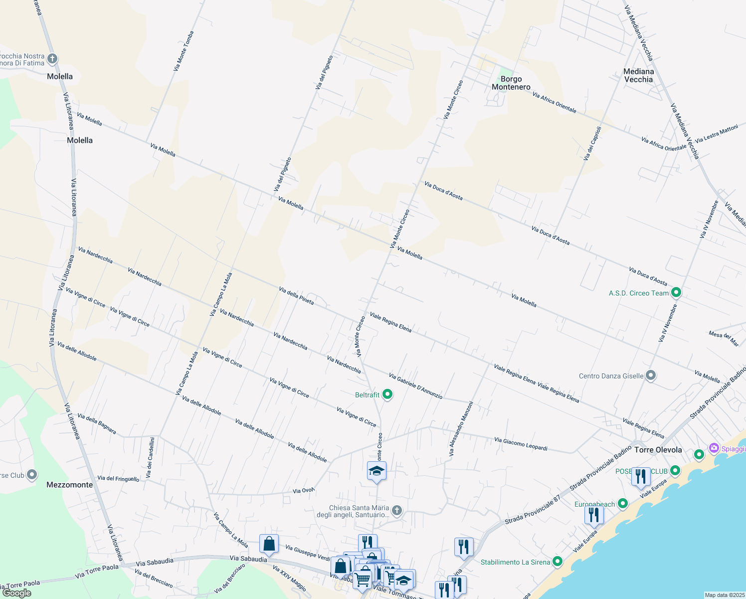 map of restaurants, bars, coffee shops, grocery stores, and more near 54 Via Monte Circeo in San Felice Circeo