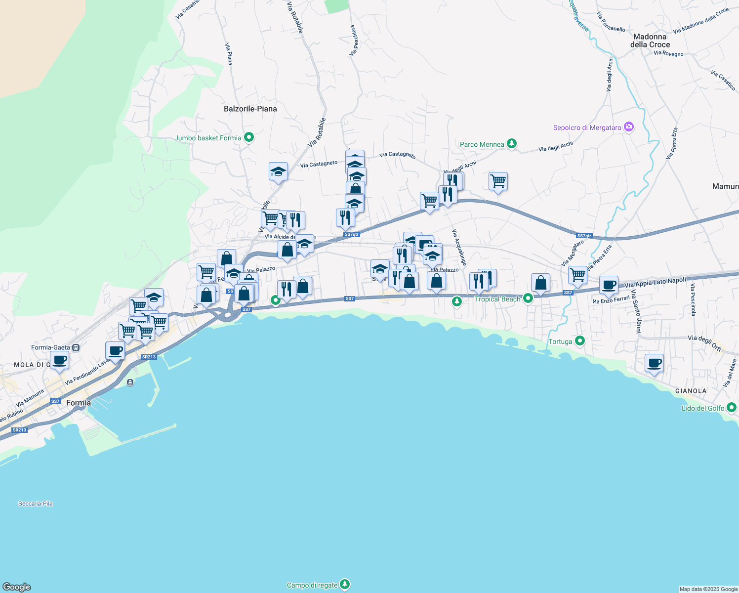 map of restaurants, bars, coffee shops, grocery stores, and more near 133 Via Appia Lato Napoli in Formia