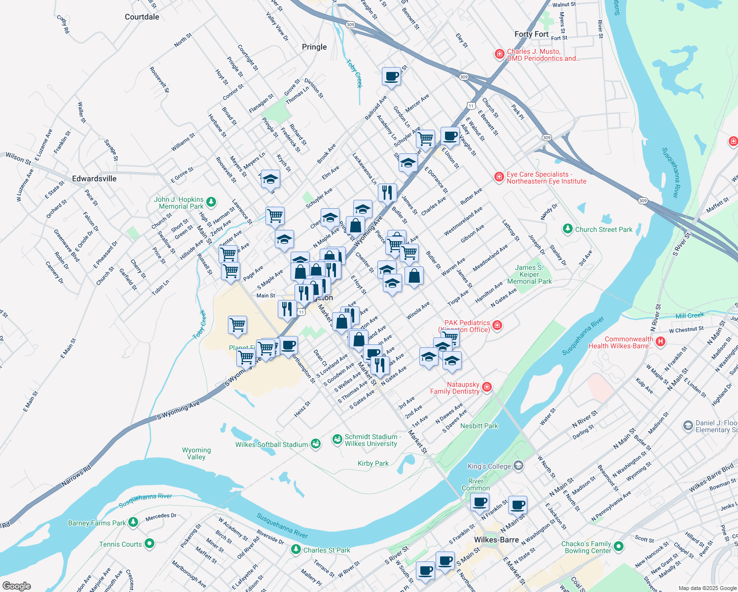 map of restaurants, bars, coffee shops, grocery stores, and more near 331 Wright Ave in Kingston