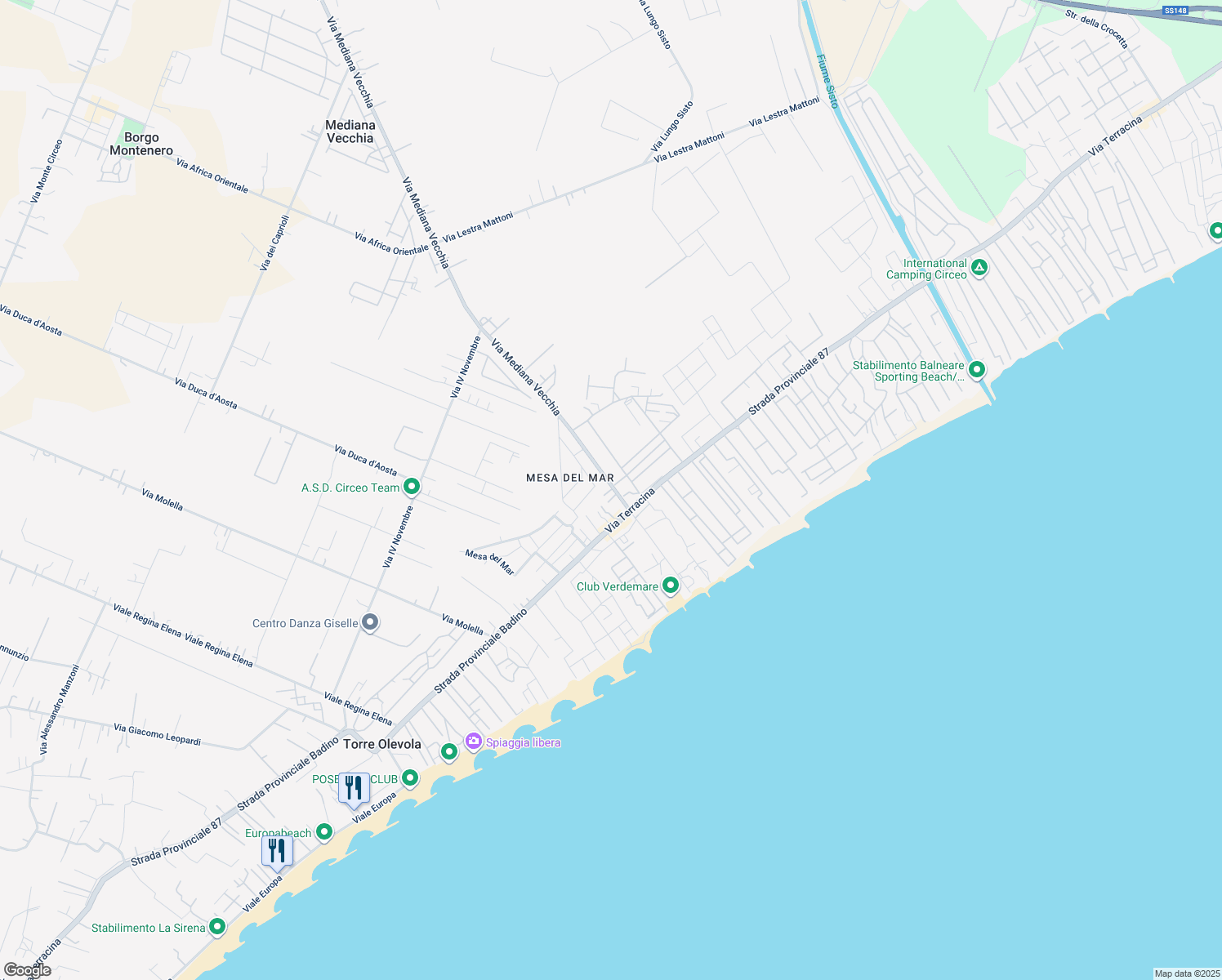 map of restaurants, bars, coffee shops, grocery stores, and more near 7 Via Mediana Vecchia in San Felice Circeo