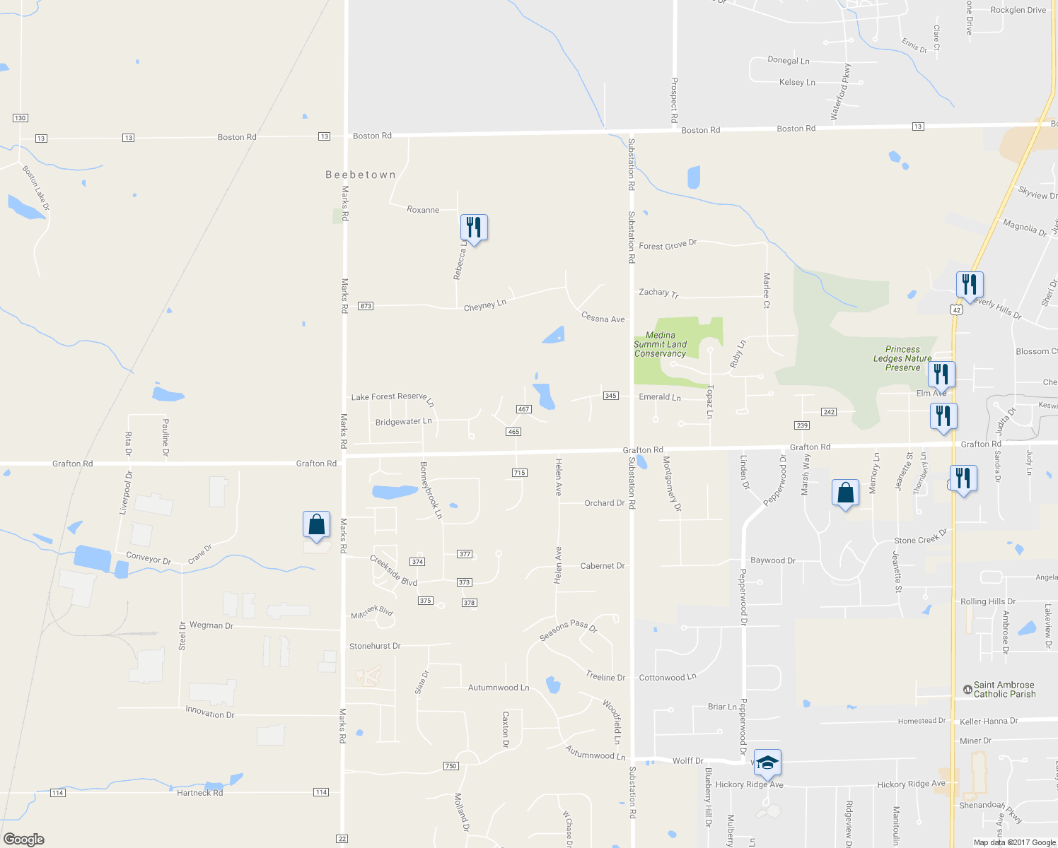 map of restaurants, bars, coffee shops, grocery stores, and more near 5030 Whetstone Circle in Brunswick