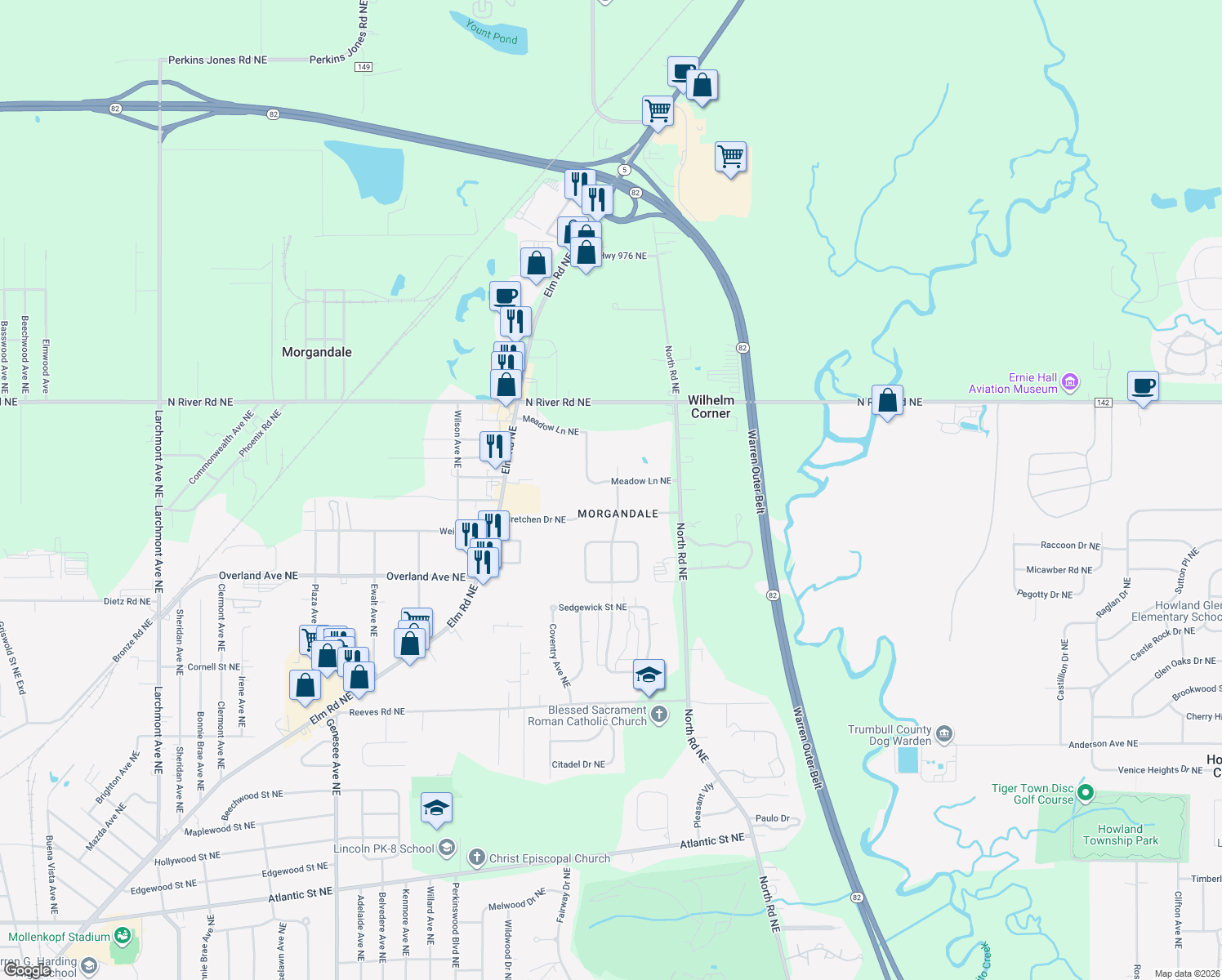 map of restaurants, bars, coffee shops, grocery stores, and more near 3120 Meadow Lane Northeast in Warren