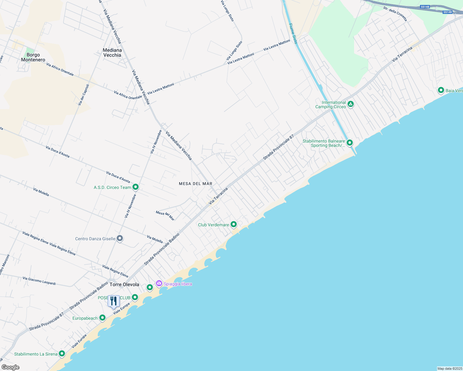 map of restaurants, bars, coffee shops, grocery stores, and more near 266 Via Terracina in Terracina