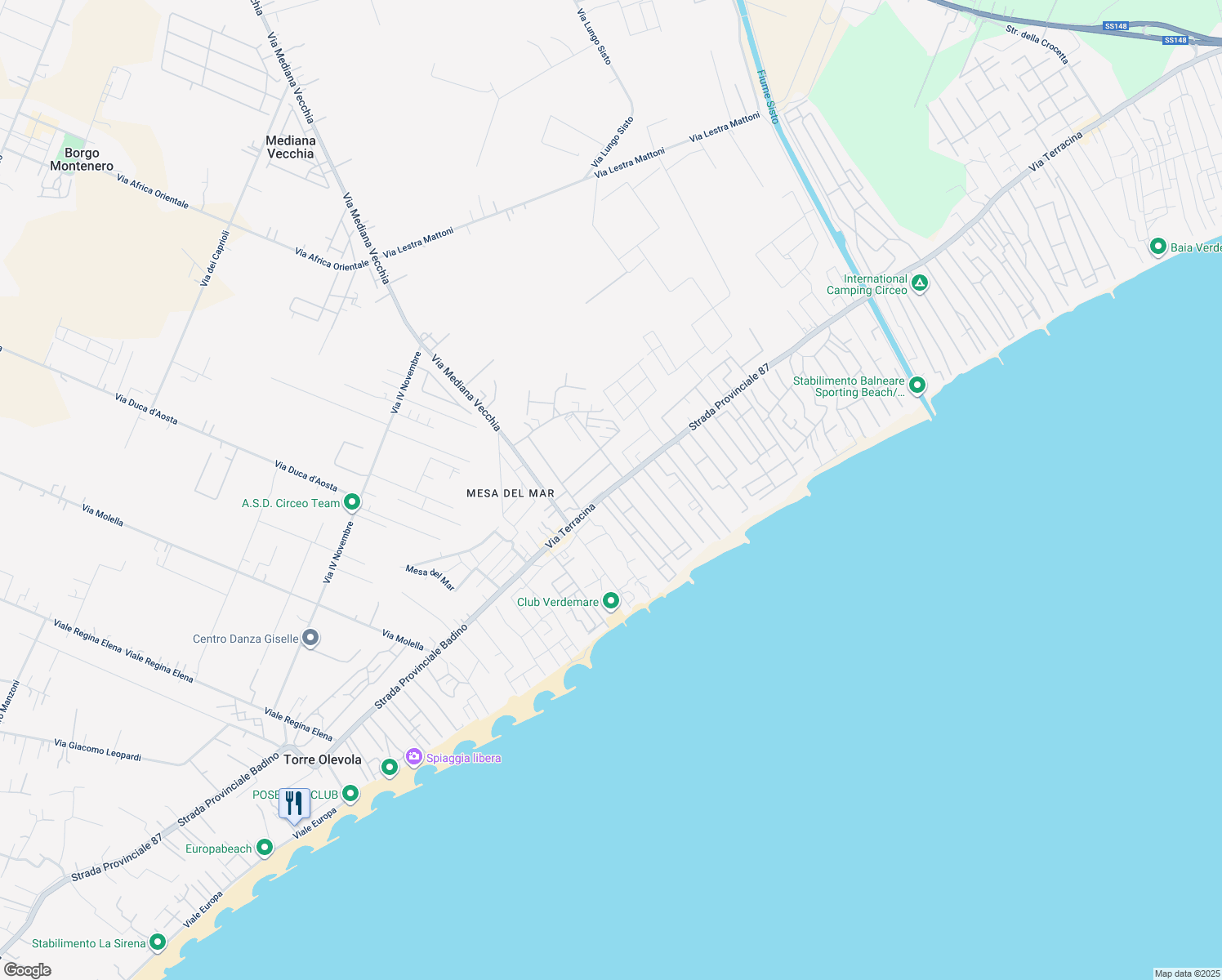 map of restaurants, bars, coffee shops, grocery stores, and more near 266 Via Terracina in Terracina