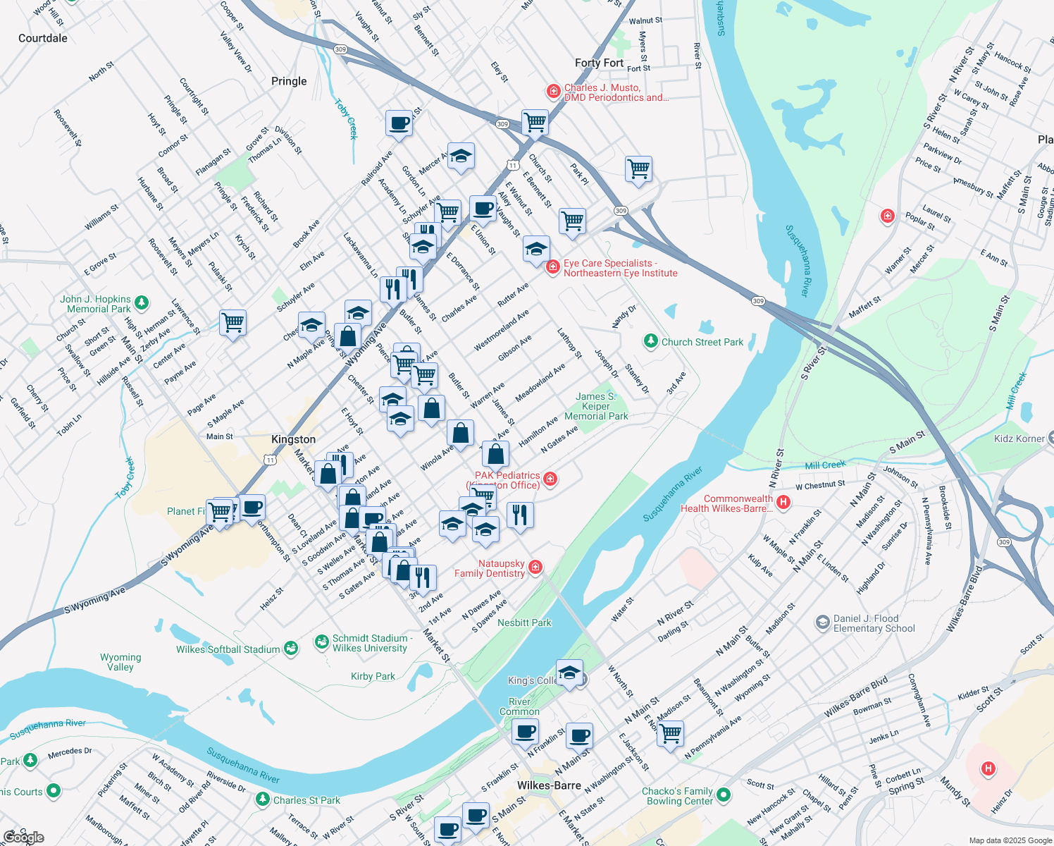 map of restaurants, bars, coffee shops, grocery stores, and more near 543 Tioga Avenue in Kingston