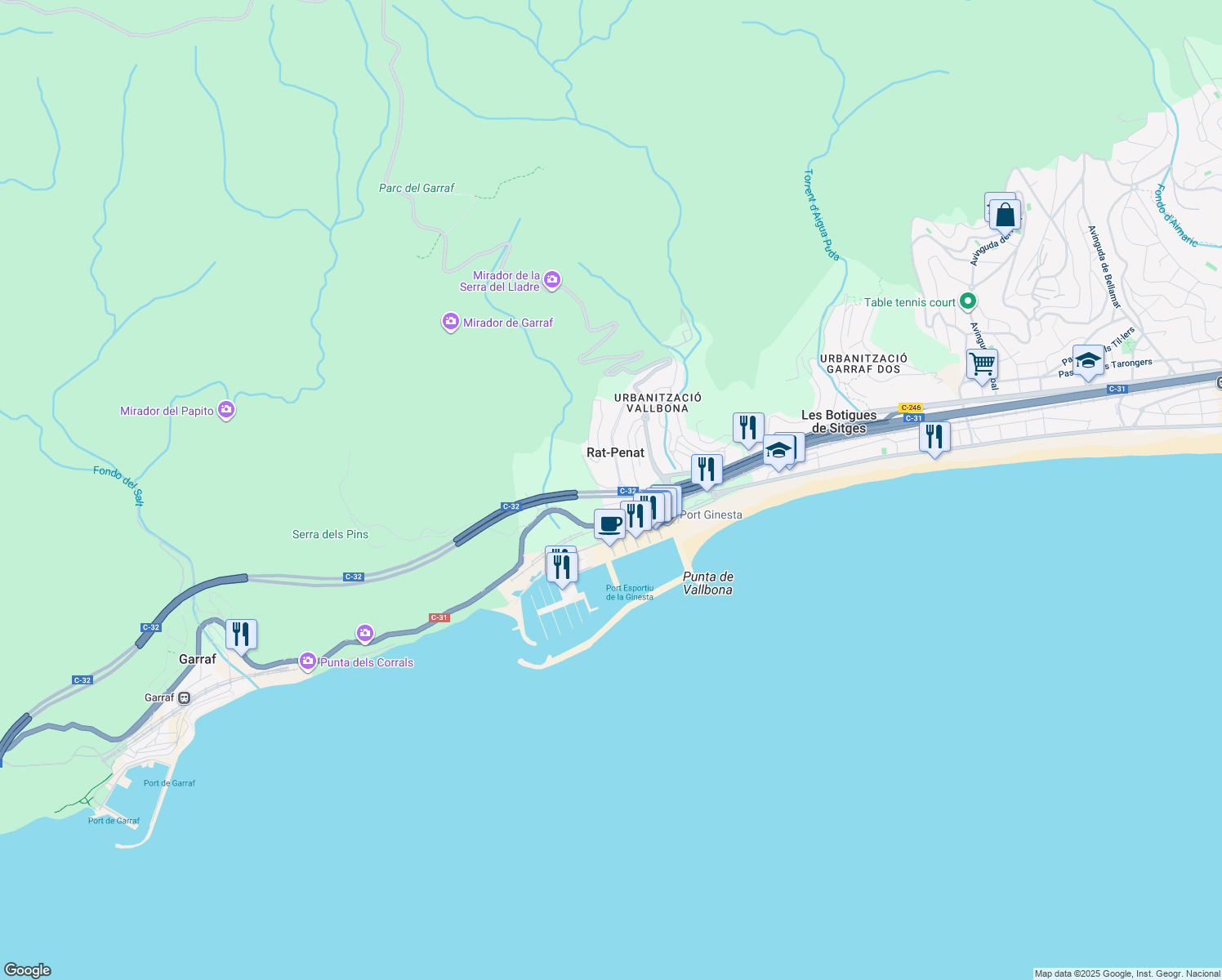 map of restaurants, bars, coffee shops, grocery stores, and more near in Les Botigues de Sitges