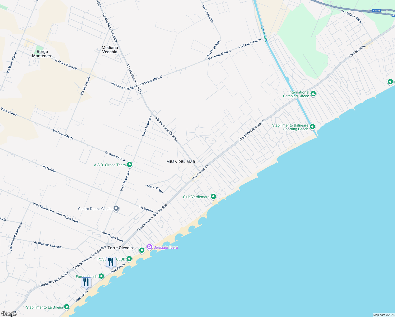 map of restaurants, bars, coffee shops, grocery stores, and more near 7 Via Mediana Vecchia in San Felice Circeo