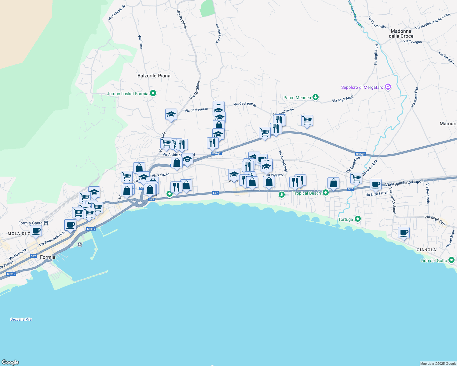 map of restaurants, bars, coffee shops, grocery stores, and more near 133 Via Appia Lato Napoli in Formia