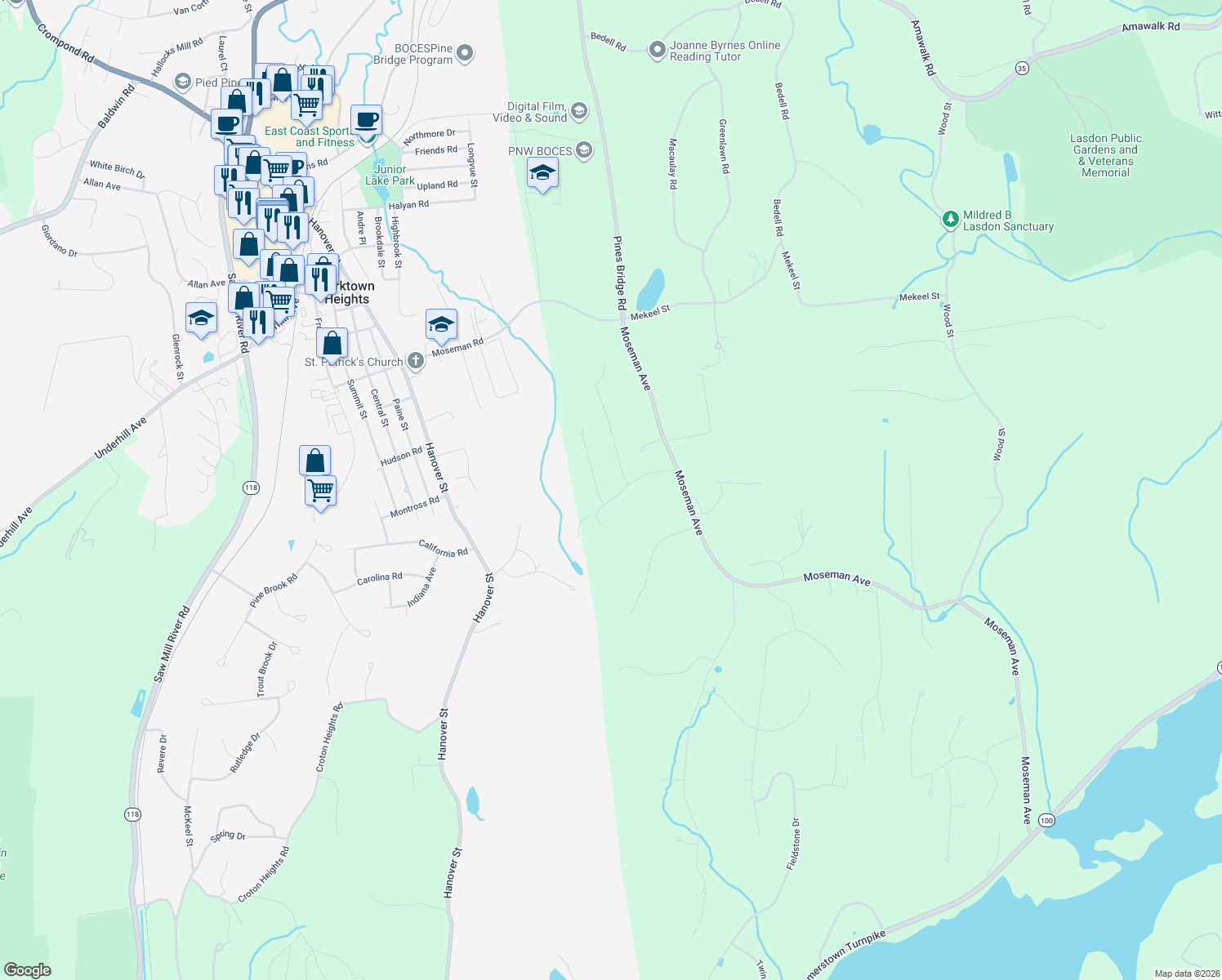 map of restaurants, bars, coffee shops, grocery stores, and more near 11 Sun Hill Road in Katonah