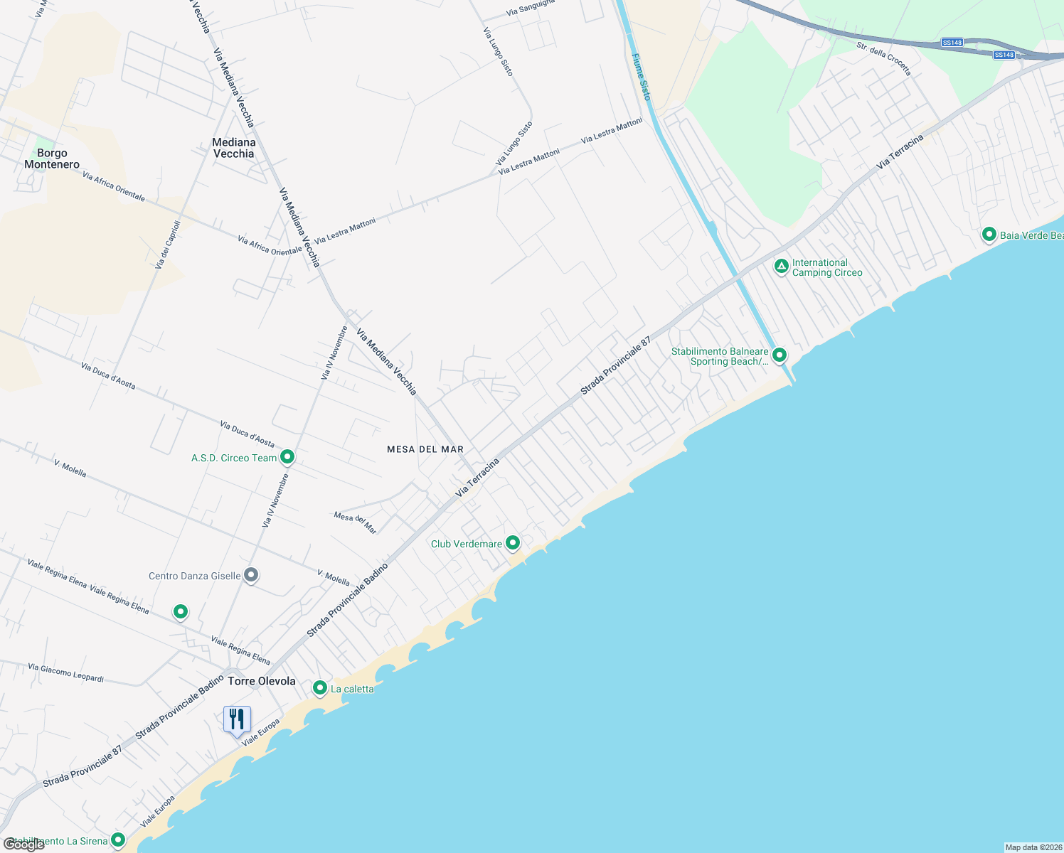 map of restaurants, bars, coffee shops, grocery stores, and more near Strada Provinciale San Felice Circeo in Terracina