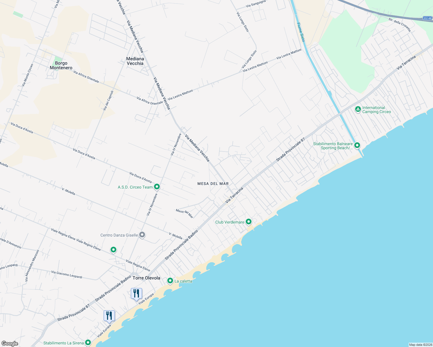 map of restaurants, bars, coffee shops, grocery stores, and more near 25 Via Mediana Vecchia in San Felice Circeo