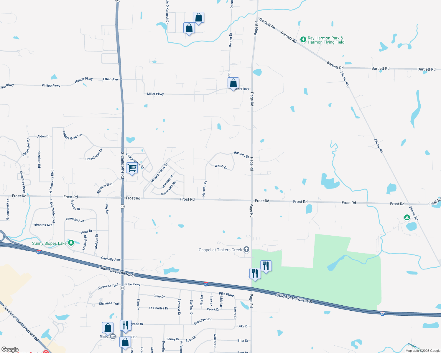 map of restaurants, bars, coffee shops, grocery stores, and more near 1604 Manfrass Drive in Streetsboro