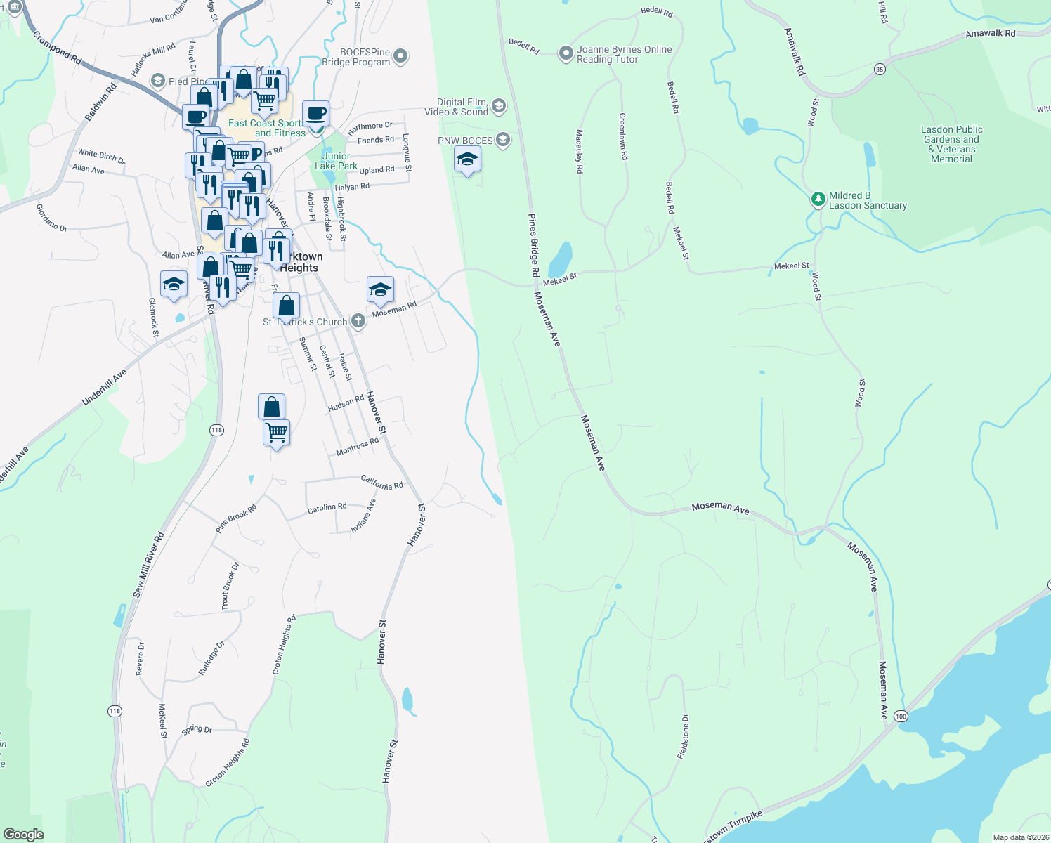 map of restaurants, bars, coffee shops, grocery stores, and more near 11 Sun Hill Road in Katonah
